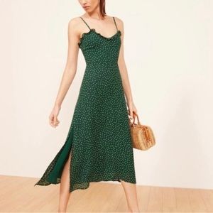 Reformation Cassandra Midi Dress in Emerald Polka Dots